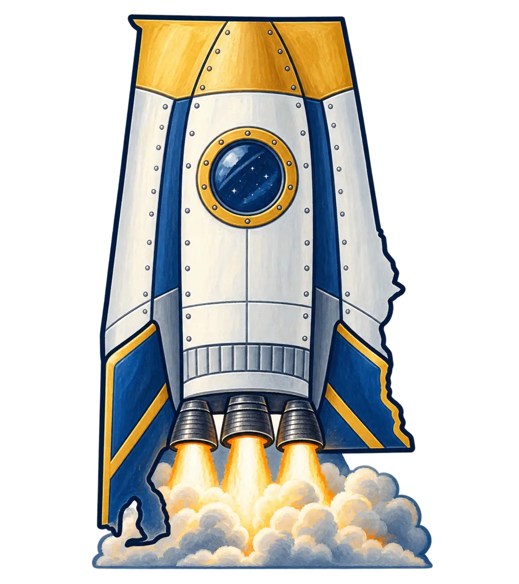 Alabama state silhouette transformed into rocket