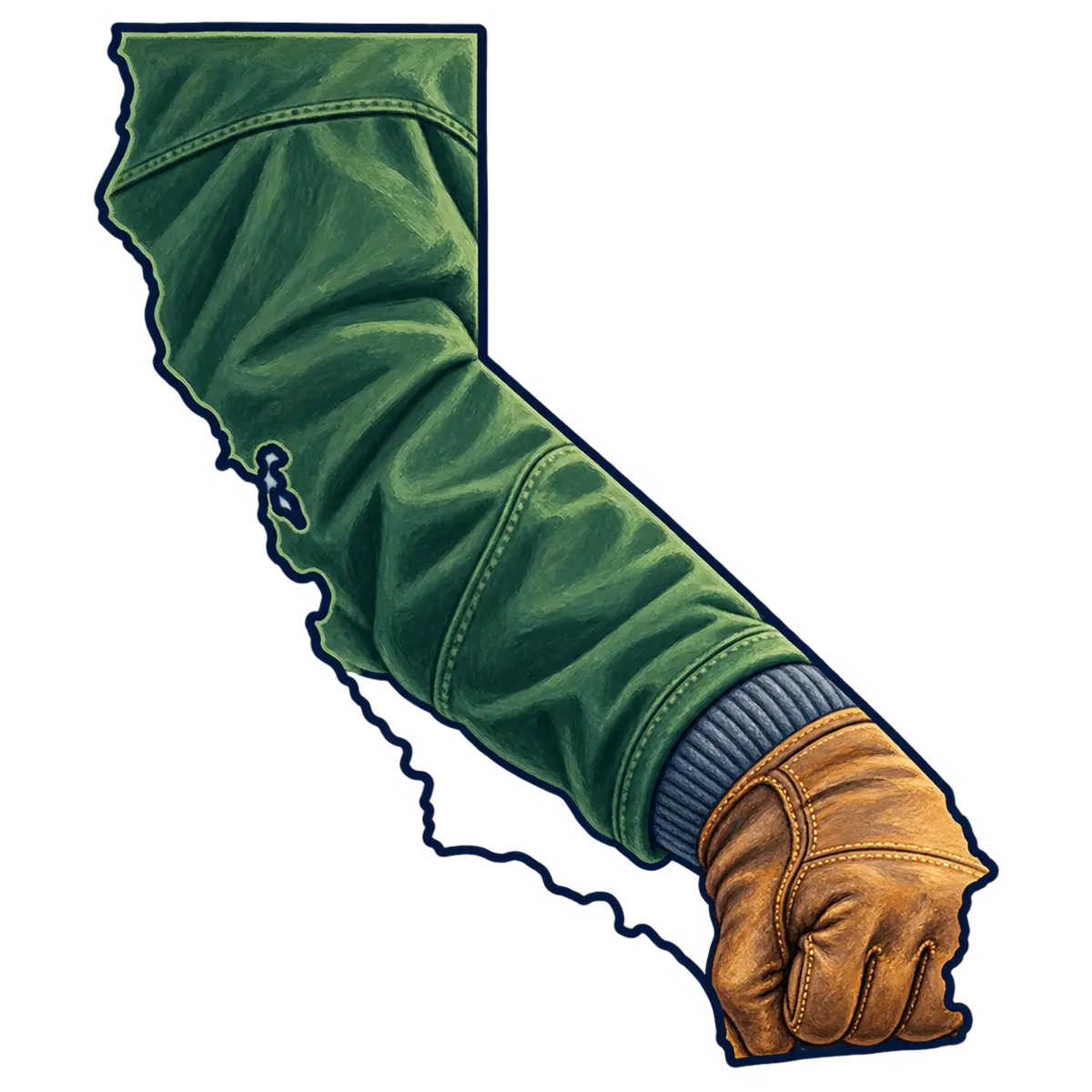 California state silhouette transformed into long bent arm