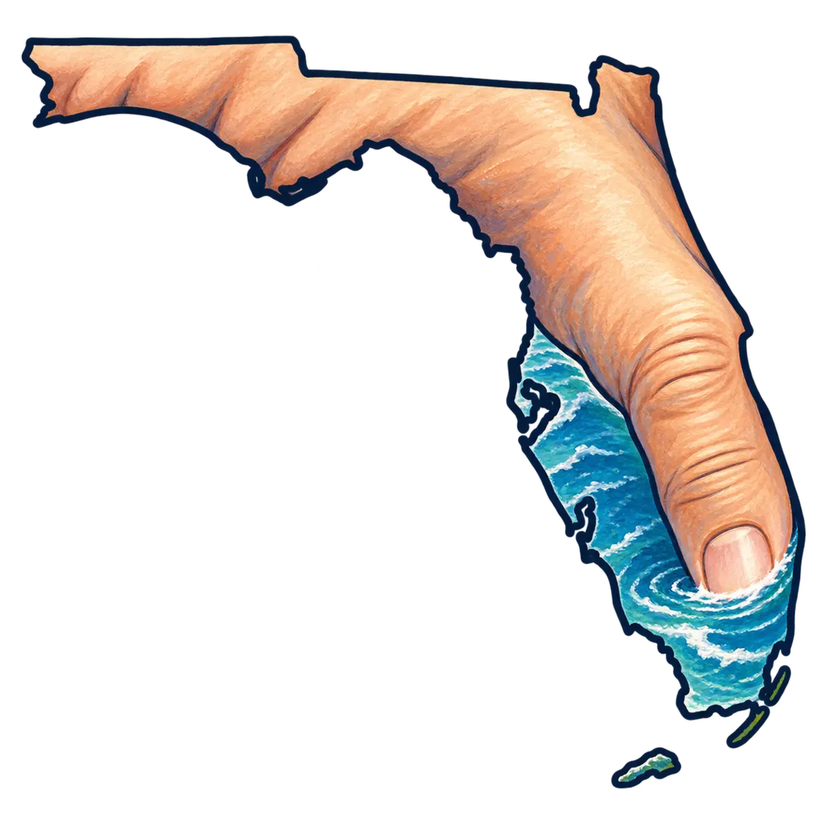 Florida state silhouette transformed into thumb in the ocean