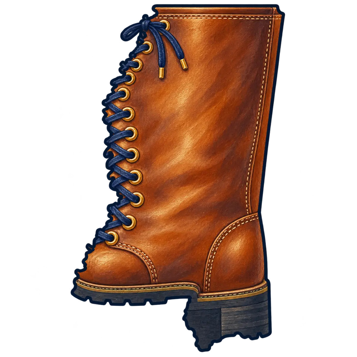 Mississippi state silhouette transformed into tall boot with the wavy lace