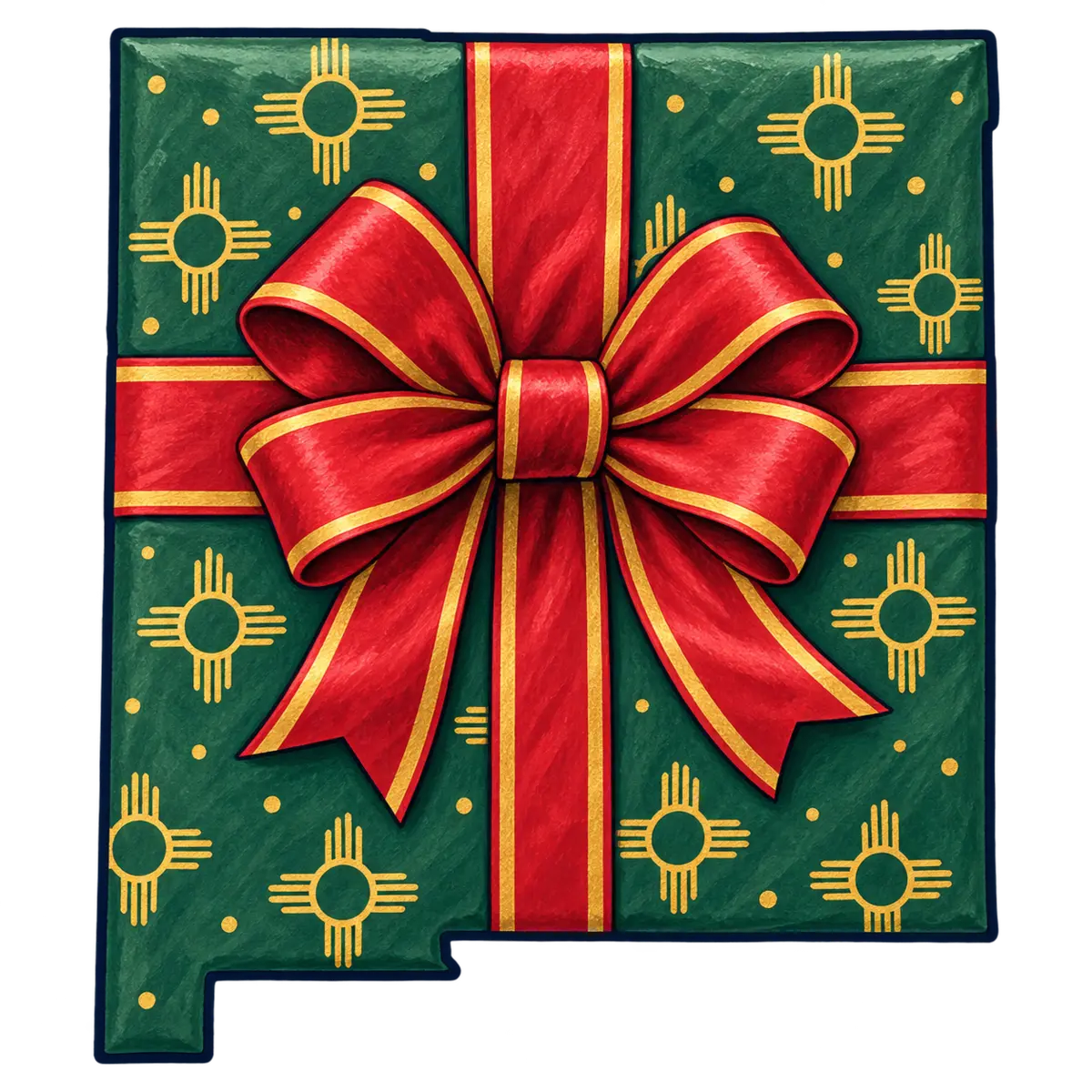 New Mexico state silhouette transformed into wrapped present
