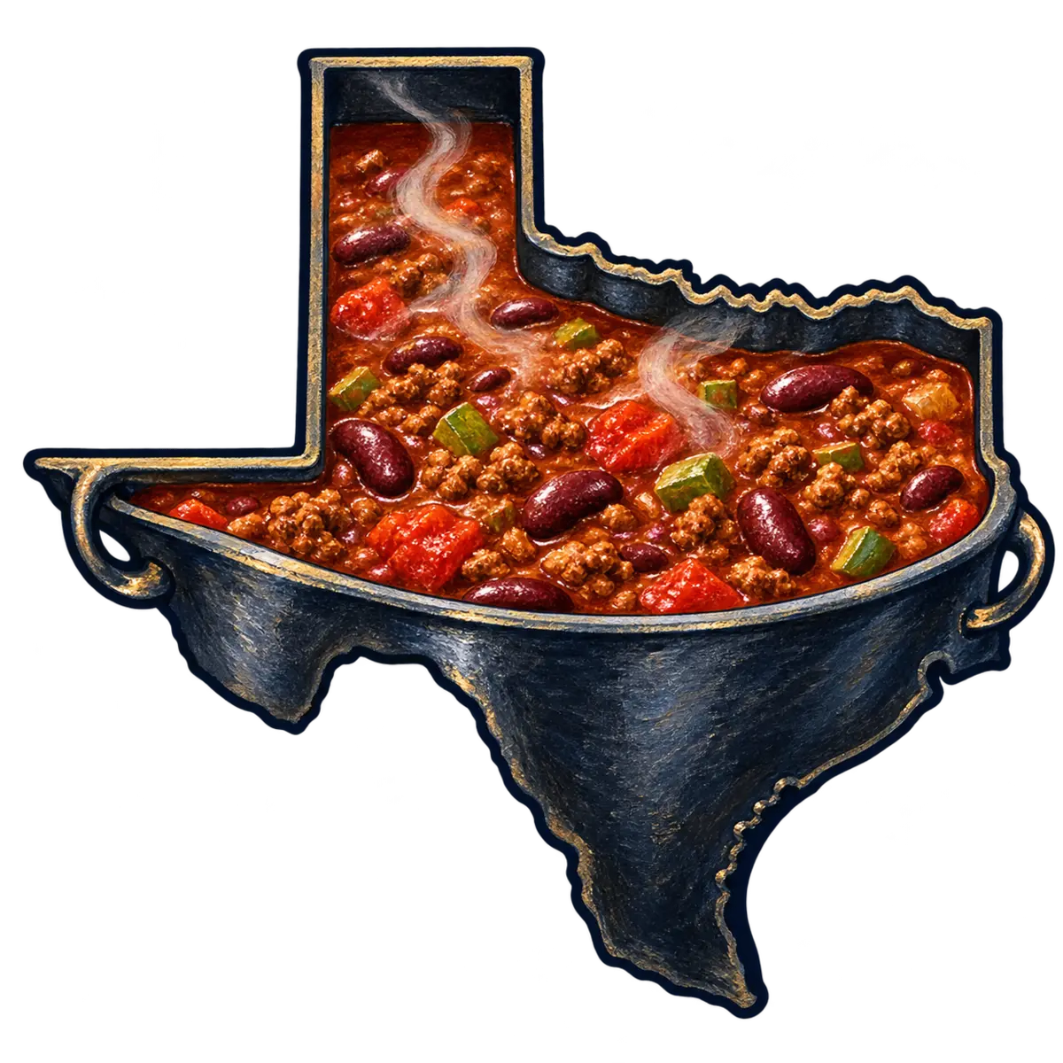 Texas state silhouette transformed into pot of chili
