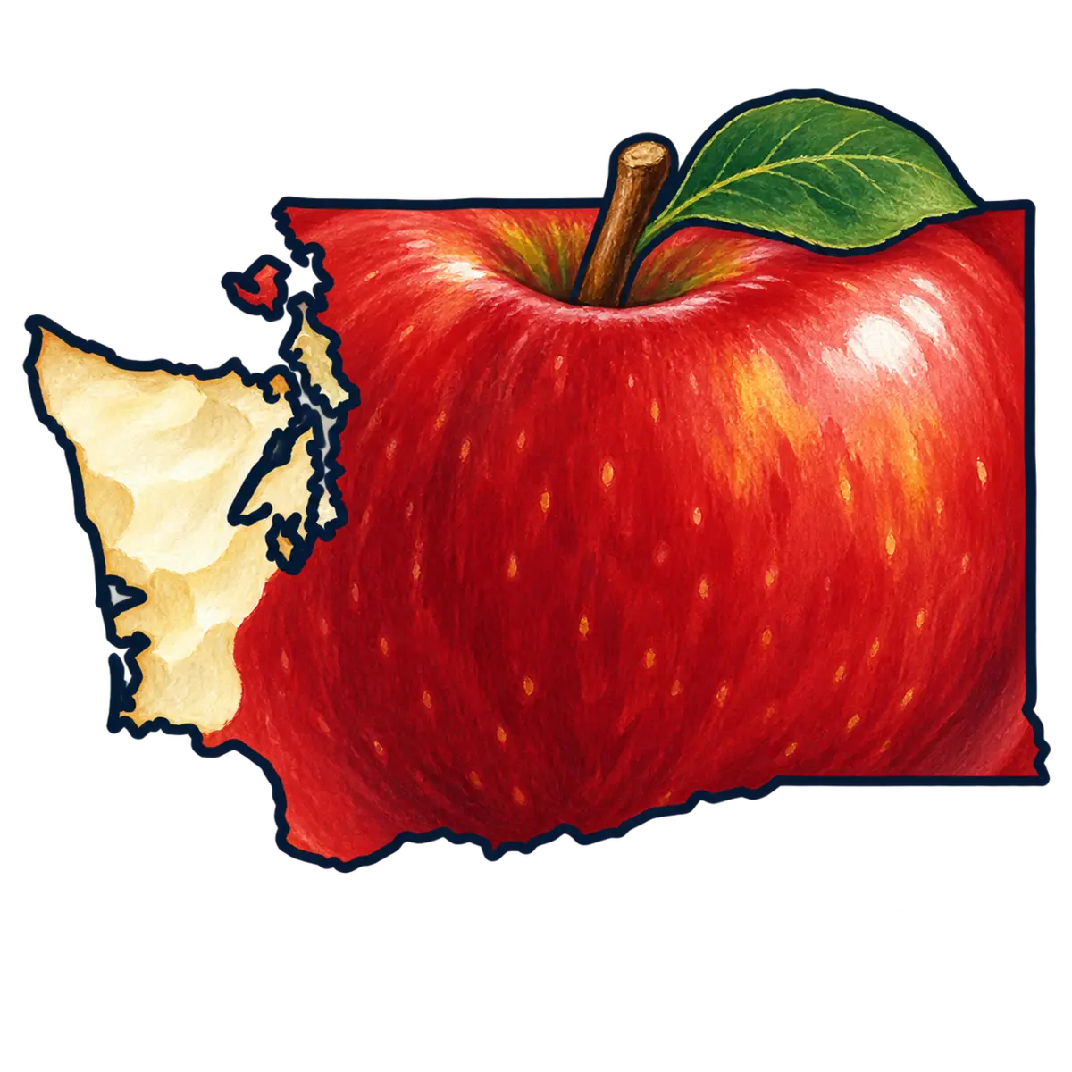 Washington state silhouette transformed into apple with a bite