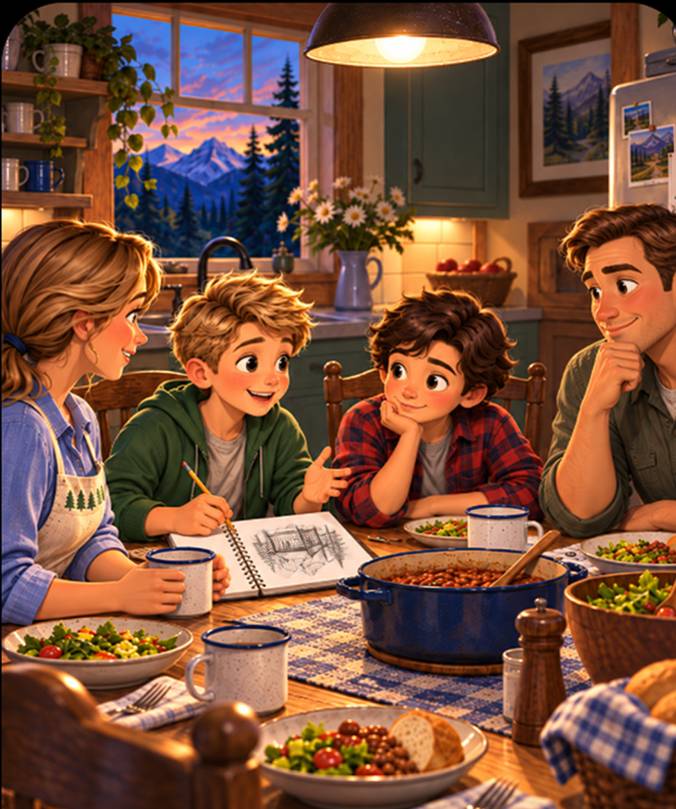 Bennett, Silas, Mom, and Dad gathered around the dinner table
