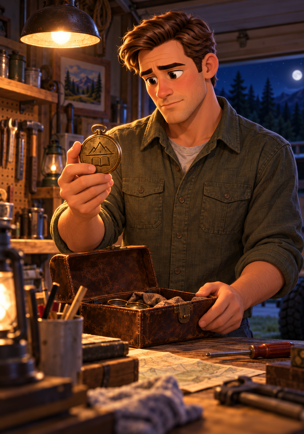 Dad holding the old brass compass at night