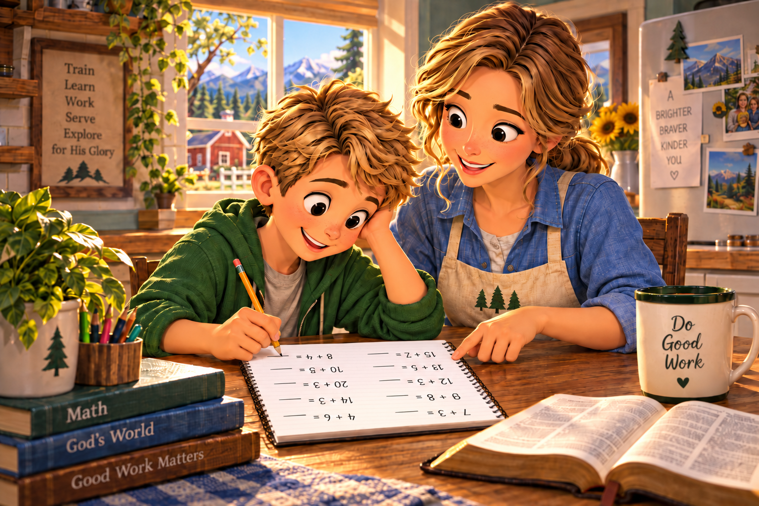 Bennett and Mom working together during homeschool