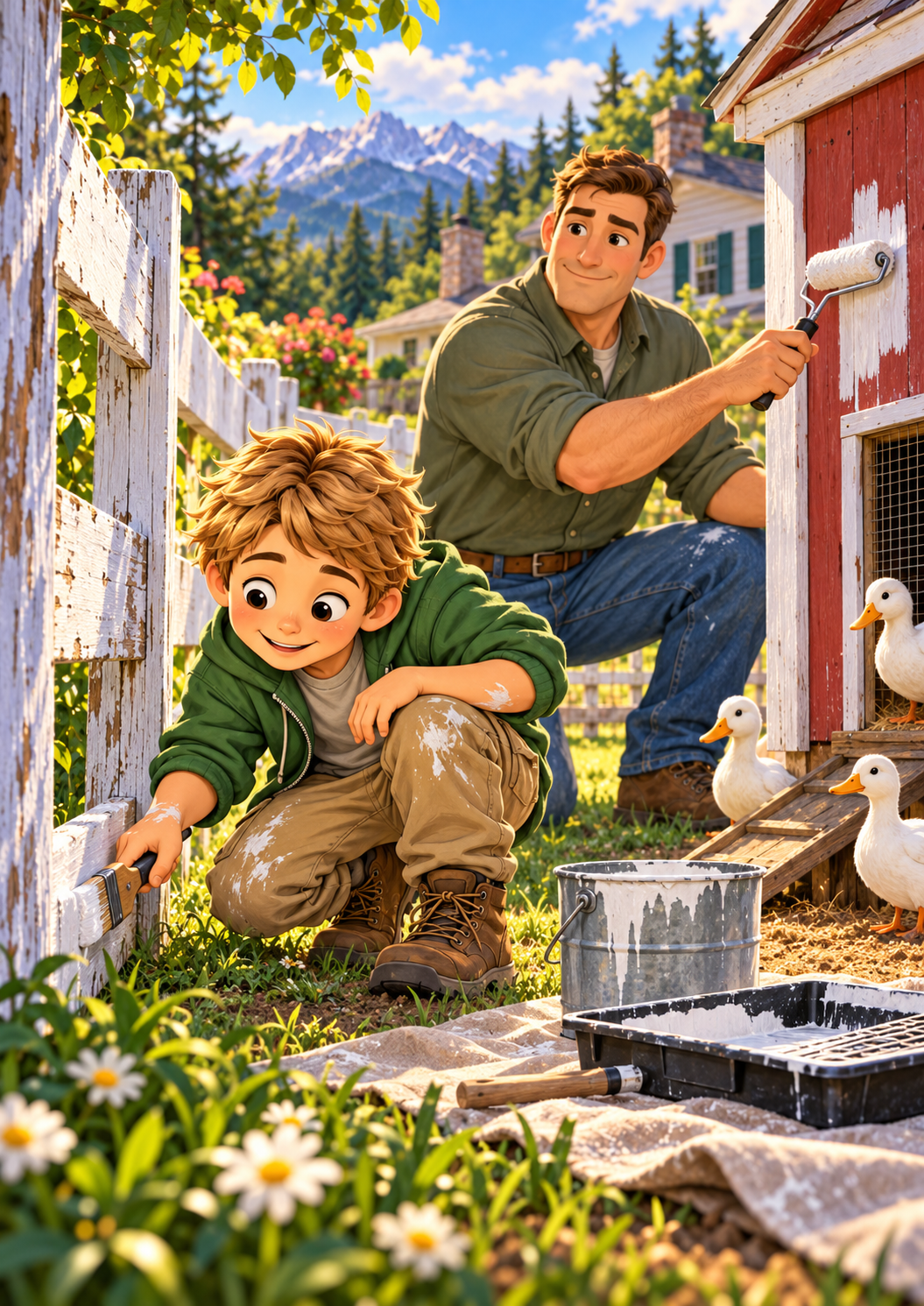 Bennett and Dad painting together