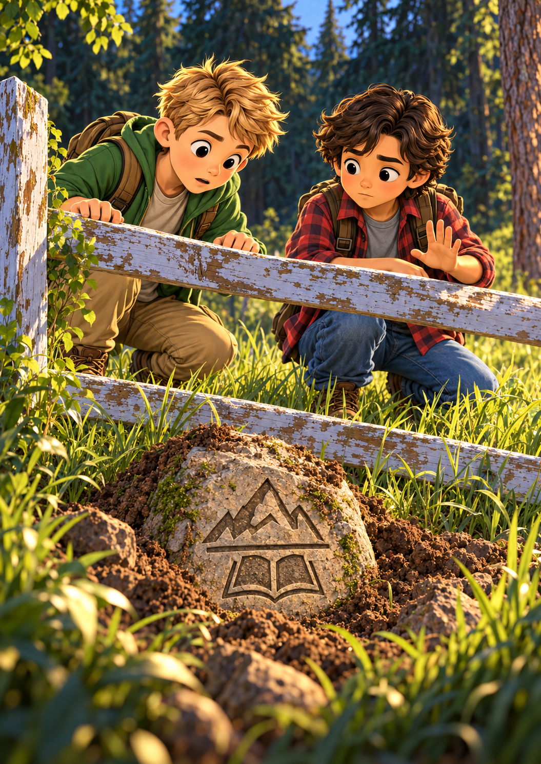 Bennett and Silas discovering the carved stone